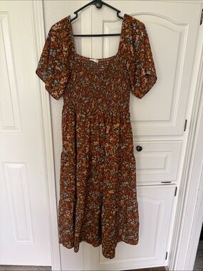 mine Brown Floral Midi Dress with Blue and Rust Accents